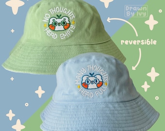 Inga tankar huvud tomt/många tankar huvud fullt vändbar hinkhatt | Söt hinkhatt | Kawaii broderad hinkhatt