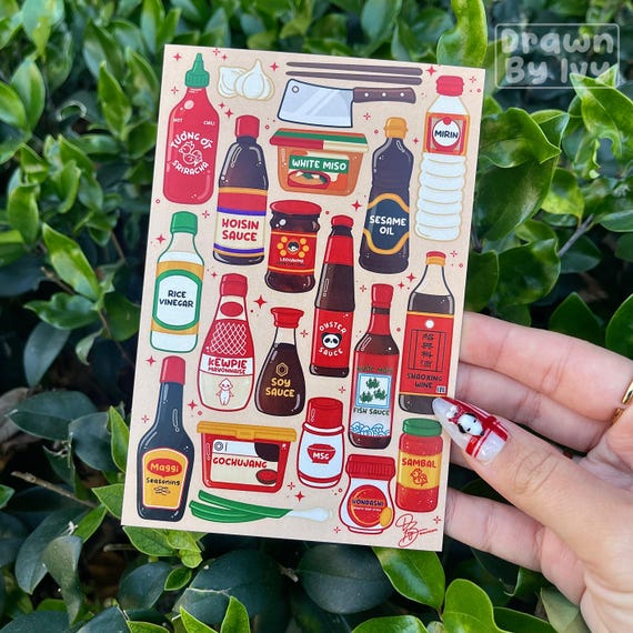 Asian Sauces Art Print |  | Asian Pantry Staples | AAPI Cooking Asian Food | Sriracha Soysauce Fish Sauce Sesame Oil Hoisin Sauce Kewpie