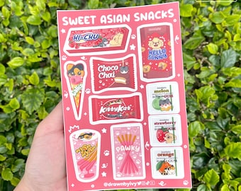 Nostalgic Asian Snacks Cute Vinyl Sticker Sheet | Kawaii Stickers | Childhood Asian Snacks | Pocky, Chocopie, Hello Panda YanYan, KitKat