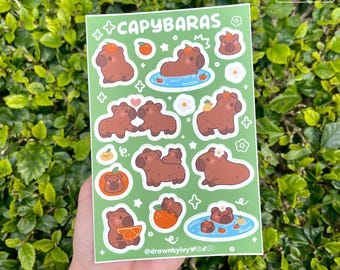Folha de adesivos de vinil para capivaras | Folha de adesivos de vinil à prova d'água | Adesivos de Capivara Kawaii | Capivara fofa | Adesivos Capivara