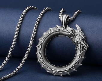 Ouroboros Eating Its Own Tail Necklace, Winged Dragon Men Charm, Handmade Dragon Charm Pendant, Mens Mythical Necklace, Men Gift