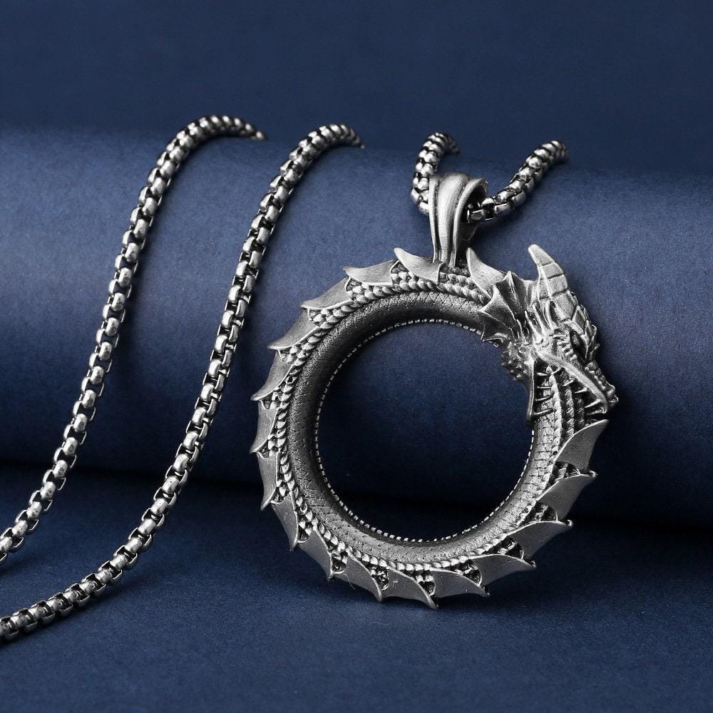 Collana Gotica Con Ciondolo Drago E Luna, Bronzo, Moonlight Mysteries, Gioiello Simbolo