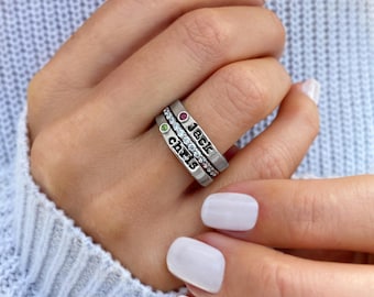 3PCS Personalized Mothers Stacking Rings, Birthstones Stackable Custom Name Rings, Christmas Birthday Gifts for Her Mom Grandma Girls Wife