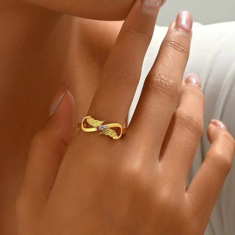 Angel Wing Ring , Angel Wing Infinity 3 Birthstone Ring, Personalized Family Birthstone Ring, Mother's Day Chirstmas Gift, Gift for Mom image 2