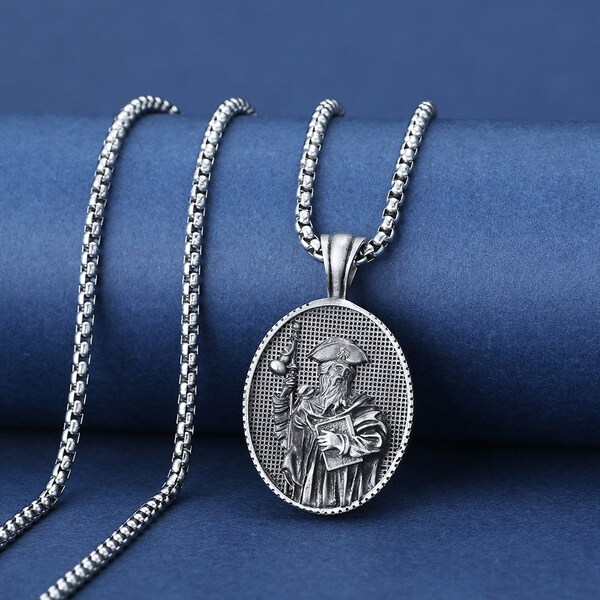 Saint Medal Necklace In Handmade, Christian Bible Pendant For Men In Charming, Religious Gift Necklace For Husband, Necklace For Men