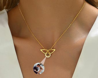 Angle Wing Projection Photo Necklace, Projection Jewelry for Women, Custom Memorial Picture Gift, Christmas Gifts, Birthday Gift for Her