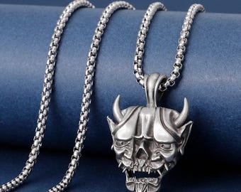 Oni Mask Charm Necklace, Handmade Japanese Hannya Mask Necklace, Demon Necklace For Boyfriend, Devil Necklace in Goth, Husband Gift