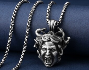 Gorgon Medusa Necklace, Men Charm Necklace, Greek Mythology Medusa Jewelry, Medusa Pendant, Serpent Goth Necklace, Snake Fantasy Necklace