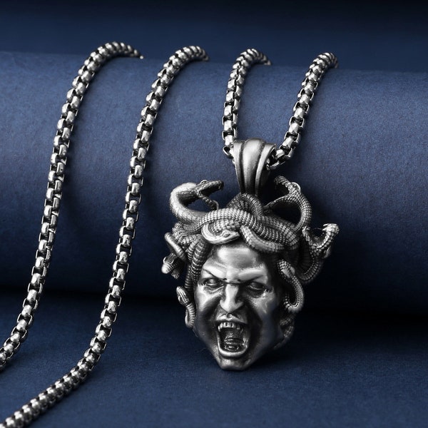 Gorgon Medusa Necklace, Men Charm Necklace, Greek Mythology Medusa Jewelry, Medusa Pendant, Serpent Goth Necklace, Snake Fantasy Necklace