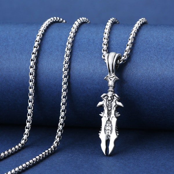 Handcrafted Gothic Sword Necklace With Ram Skull, Cyberpunk Mens Necklace For Husband, Futuristic Necklace For Boyfriend,Necklace For Men
