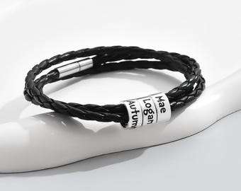 Personalized Men Black Braid Names Bracelet, Custom Family Names Charm Beads Bracelet, Inspirational Jewelry Gift for Dad from Daughter Son
