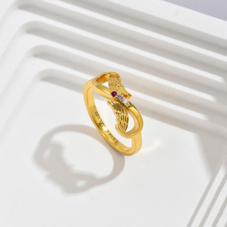 Angel Wing Ring , Angel Wing Infinity 3 Birthstone Ring, Personalized Family Birthstone Ring, Mother's Day Chirstmas Gift, Gift for Mom image 4