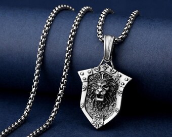 Shield Lion Men Necklace, Handmade Lion Pendant, Leo Birthday Gift, African Lion Charm, BestFriend Gift Necklace, Animal Necklace, Lion Gift