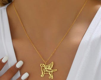 Pet Dog Loss Memorial Necklace with Angel Wings, Personalized Name Necklace with Wings, Dog Breed Silhouette Necklace Jewelry