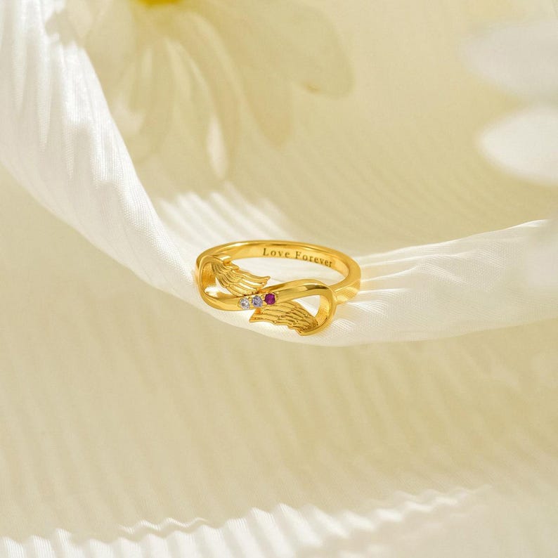 Angel Wing Ring , Angel Wing Infinity 3 Birthstone Ring, Personalized Family Birthstone Ring, Mother's Day Chirstmas Gift, Gift for Mom image 3