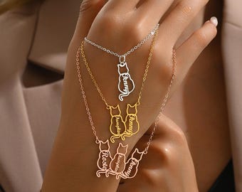 Personalized Named Cat Necklace, Cat Named Necklace, Personalized Cat Memorial Gift, Cat Silhouette Necklace, Custom Cat Name Jewelry