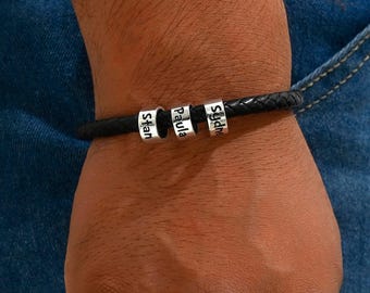 Personalized Men Black Braid Names Bracelet, Custom Family Names Charm Beads Bracelet, Inspirational Jewelry Gift for Dad from Daughter Son