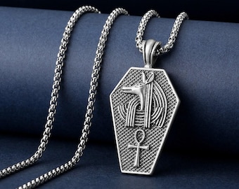 Anubis Egyptian God Necklace, God of The Dead with Ankh as Hieroglyph, Men Coffin Necklace, Mythology Lover Gift, Handmade Unique Pendant