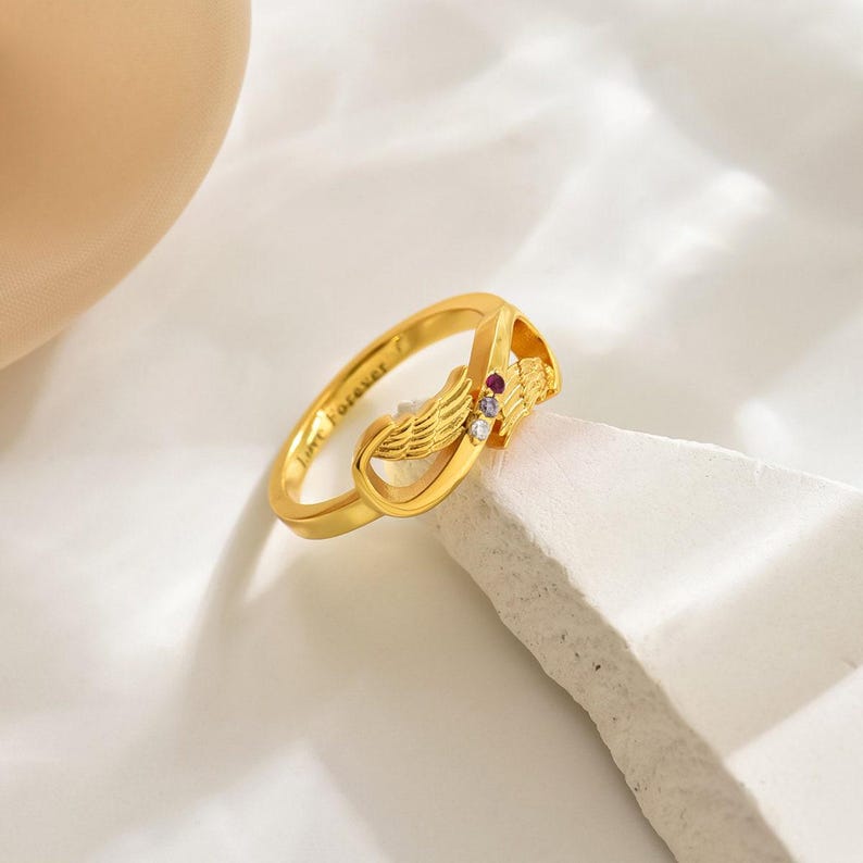 Angel Wing Ring , Angel Wing Infinity 3 Birthstone Ring, Personalized Family Birthstone Ring, Mother's Day Chirstmas Gift, Gift for Mom image 6