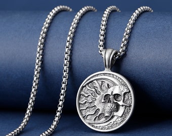 Pendentif tête de mort en croissant de lune et soleil, collier texturé tête de mort regardant le soleil depuis la lune, collier gothique céleste pour homme, collier punk