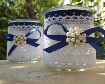 Set of 3 Chic candle holders/jars in navy blue and white/wedding/baptism