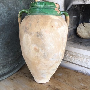 Vintage Decor Old Clay Jug, Aged and antiqued clay vessel / vase / pot 12.5” x 21.2'' x 5.25”