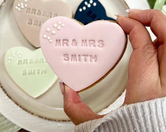 Pink Personalised Wedding favour biscuits with date