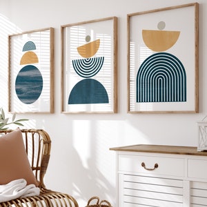 Set of 3 Mid-Century Abstract Wall Art, Minimalist Abstract Art, Minimalist Rainbow Artwork, Abstract Wall Decor, MidCentury Modern Wall Art