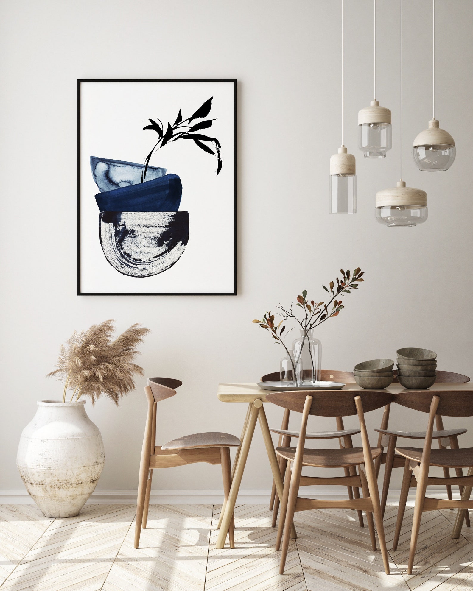 Set of 3 Japandi Neutral Indigo Wall Art Japandi Wall Decor Etsy