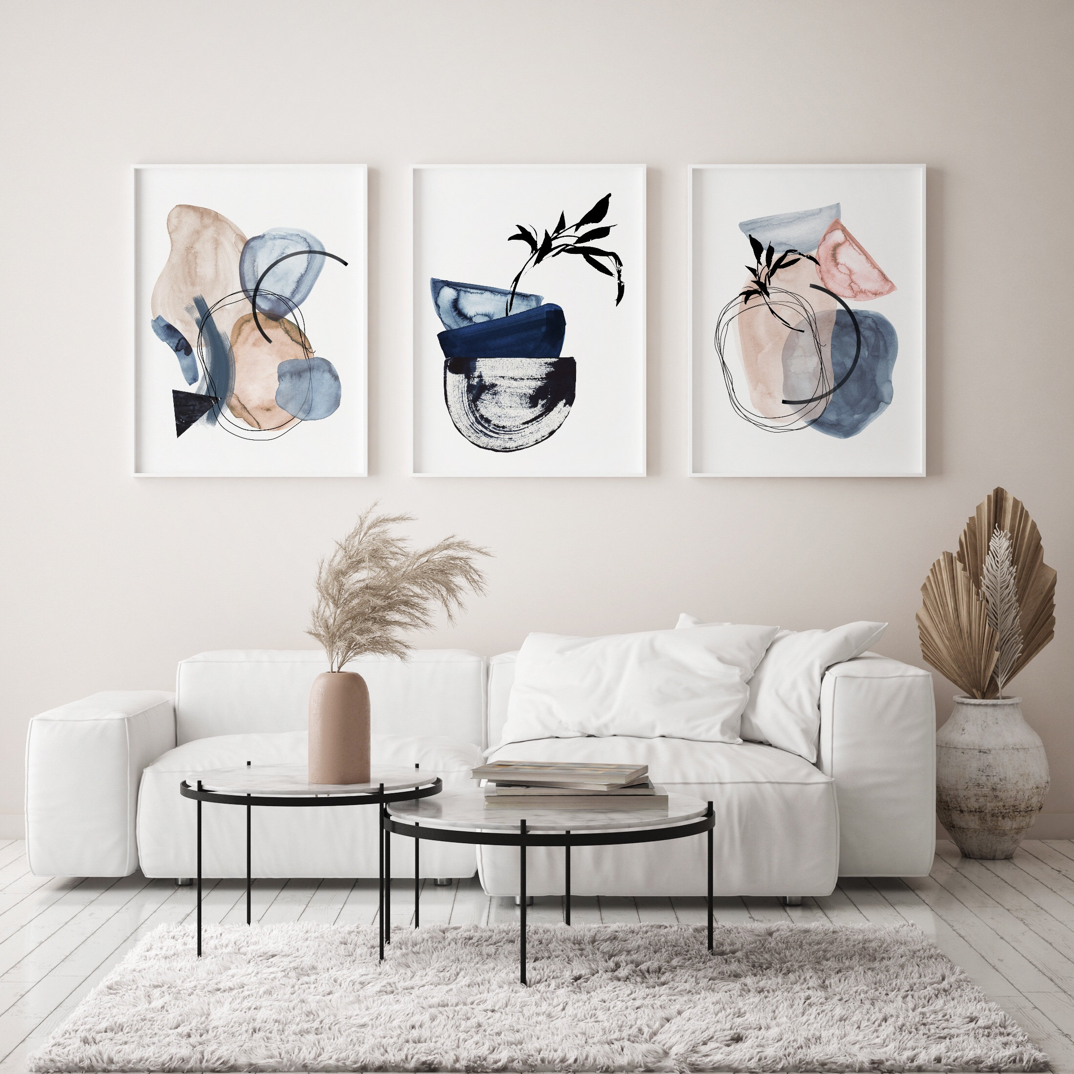 Set of 3 Japandi Neutral Indigo Wall Art Japandi Wall Decor Etsy