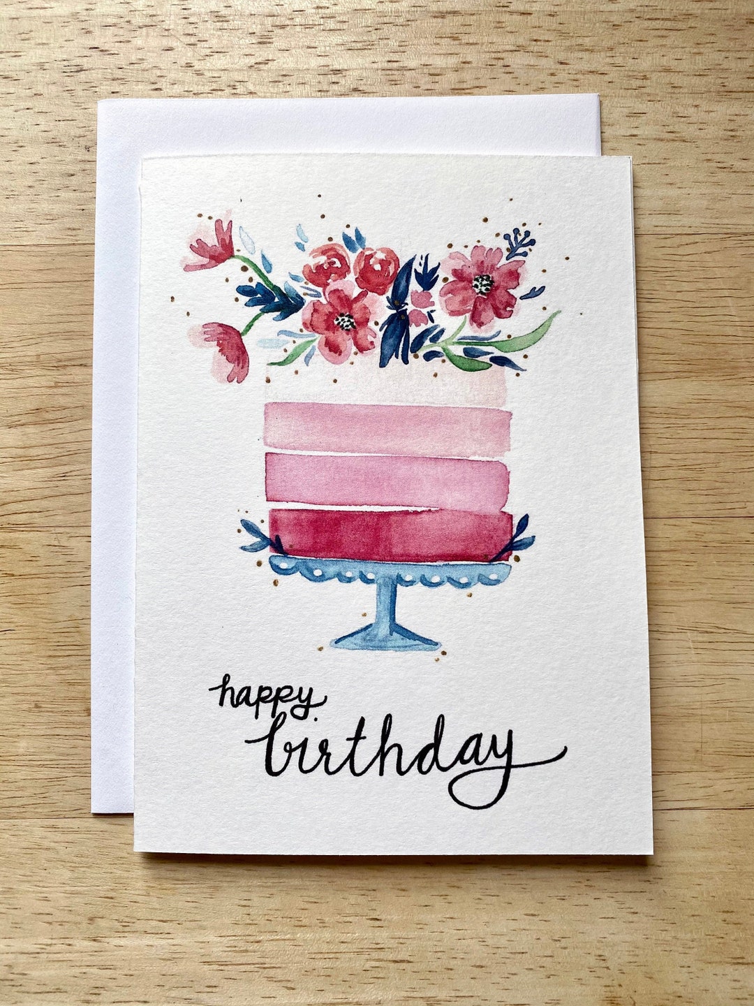 Happy Birthday Cake & Flowers Watercolor Card Single or Sets - Etsy