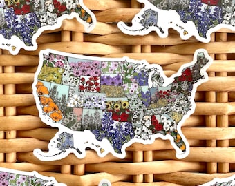 United States State Flower Map Waterproof Vinyl Sticker | Matte Bumper Sticker, Matte Laptop Sticker