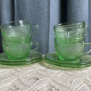 Indiana Glass Tiara Mint Green Chantilly Sandwich Cup and Saucer- Set of 4