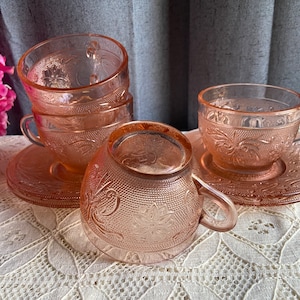 Indiana Glass Tiara Pink/Peach Sandwich Cup and Saucer Set of 4