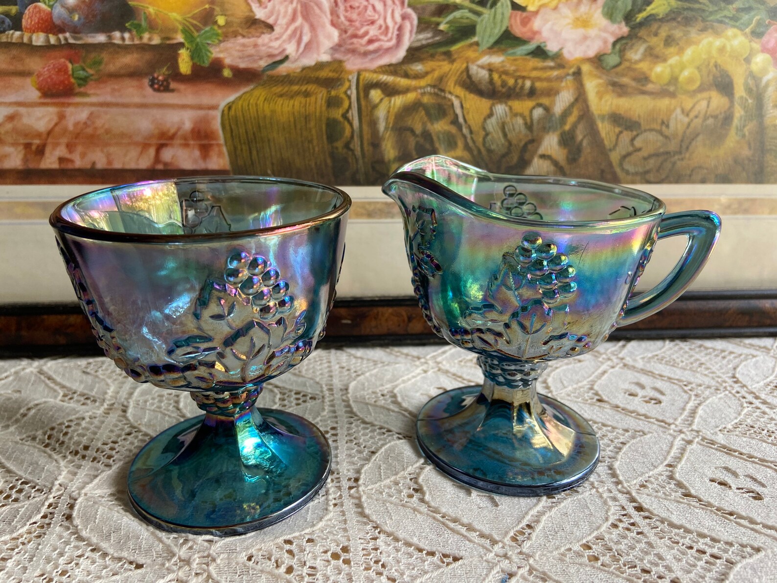 Vintage Blue Carnival Glass Sugar and Creamer Set W/ Grapes & Etsy