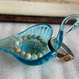 Blue Art Glass Swan Trinket Jewelry Dish