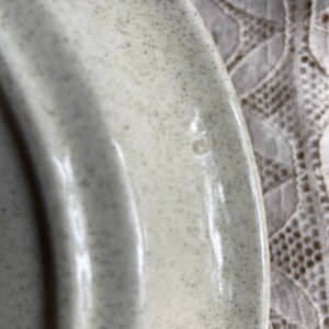 Pode incluir: Close-up de um prato de cer&acirc;mica branco com um esmalte salpicado. O prato tem uma superf&iacute;cie ligeiramente irregular e um pequeno lascado na borda.
