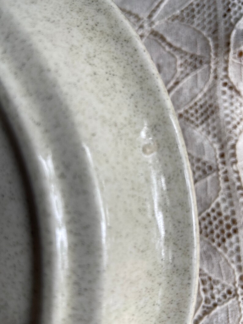 Pode incluir: Close-up de um prato de cer&acirc;mica branco com um esmalte salpicado. O prato tem uma superf&iacute;cie ligeiramente irregular e um pequeno lascado na borda.
