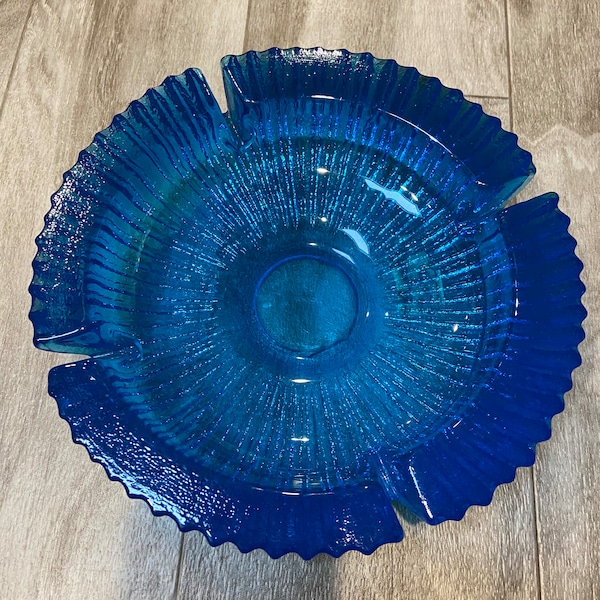 Vintage Mid Century Blenko 624 Sunburst Art Glass Ashtray Blue Turquoise