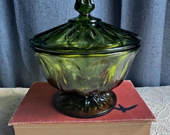 Vintage Avocado Green Pressed Glass Footed Candy Dish with Lid