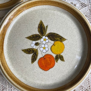 Pode incluir: Um prato de jantar de cer&acirc;mica bege com uma borda marrom. O prato apresenta um desenho pintado &agrave; m&atilde;o de um galho com folhas verdes, flores brancas e frutas amarelas e laranja.