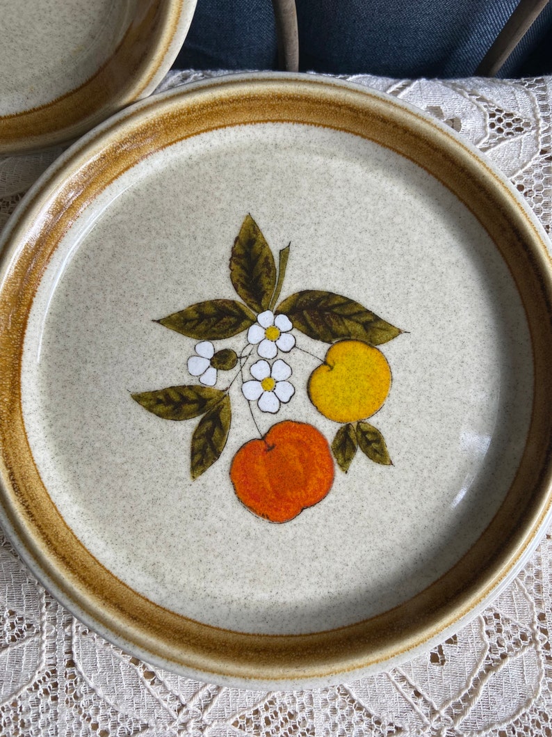 Pode incluir: Um prato de jantar de cer&acirc;mica bege com uma borda marrom. O prato apresenta um desenho pintado &agrave; m&atilde;o de um galho com folhas verdes, flores brancas e frutas amarelas e laranja.