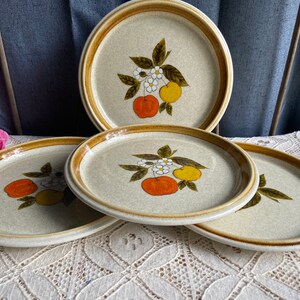 Pode incluir: Conjunto de quatro pratos de jantar de cer&acirc;mica castanho e bege com um design floral com fruta laranja e amarela.