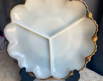 Vintage Milk Glass Three Part Divided Relish Dish Gold Trim