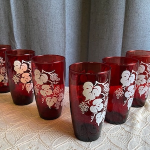 Royal Ruby Red Tapered Tumblers With White Grapes and Vines- Set of 6
