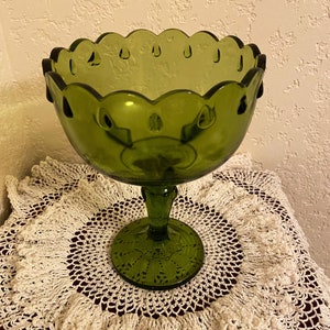 Indiana Glass Tear Drop Pedestal Compote Green Candy Dish Scalloped Edge