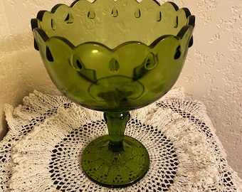 Indiana Glass Tear Drop Pedestal Compote Green Candy Dish Scalloped Edge