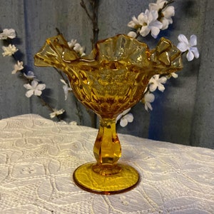 Fenton Amber Glass Thumbprint Ruffled  Edge Compote