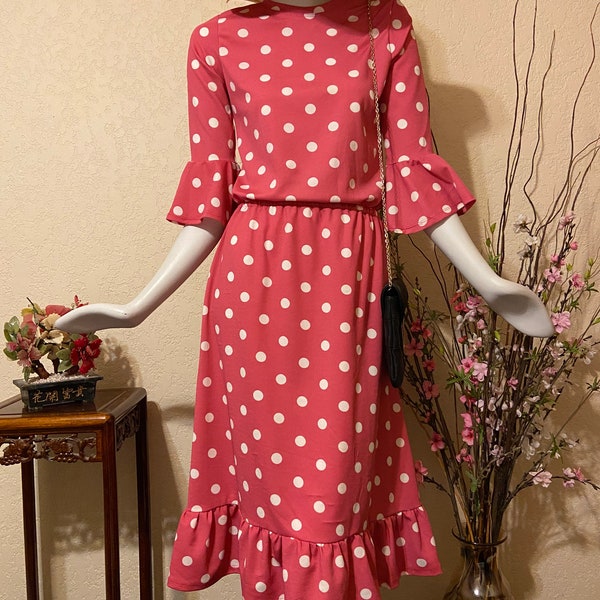 Polka Dot Midi Dress with Elastic Waist, Elbow- Length Sleeves- Red,Pink, Royal Blue, Navy Blue