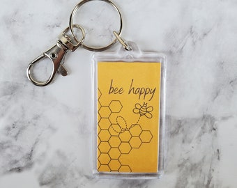 bee happy keychain, Empowerment keychain for her, bee gifts for best friend, positive affirmation keyring for women, honeycomb keychain